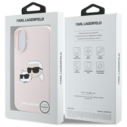 Karl Lagerfeld silikoninis „Double Heads Print MagSafe“ dėklas „iPhone 16“ (rožinis)