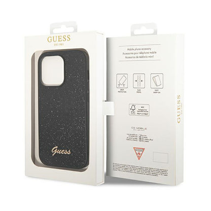 "Guess Glitter Flakes" metalinis dėklas su logotipu - "iPhone 14 Pro" dėklas (juodas)