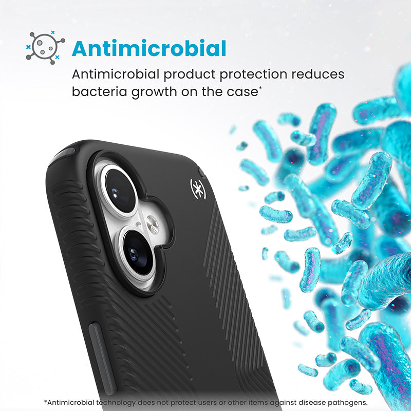 Speck Presidio2 Grip ClickLock & MagSafe – dėklas iPhone 16 (juoda / skalūno pilka / balta)