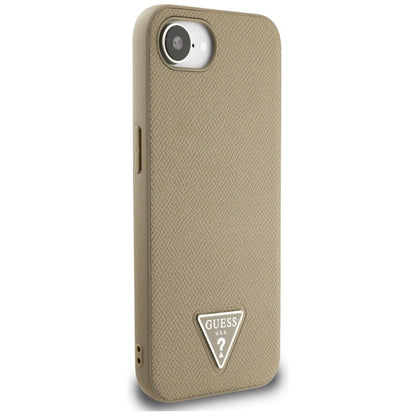 Guess Grained Triangle MagSafe – dėklas iPhone 16e (rudas)
