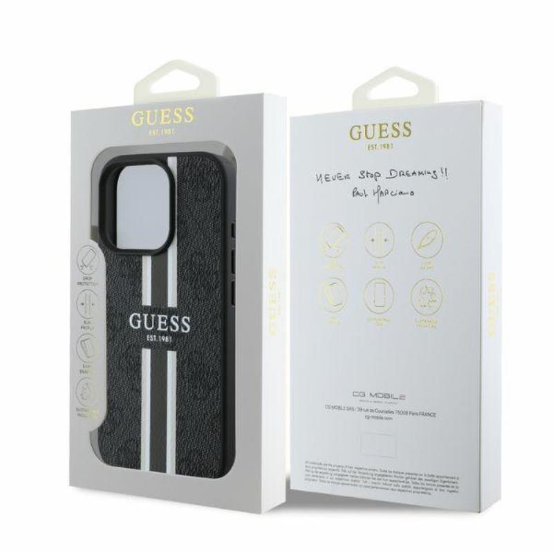 Guess 4G Printed Stripes MagSafe - dėklas iPhone 16 Pro Max (juodas)