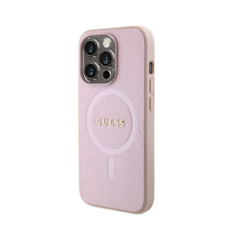 Guess Saffiano MagSafe – dėklas, skirtas „iPhone 15 Pro“ (rožinis)