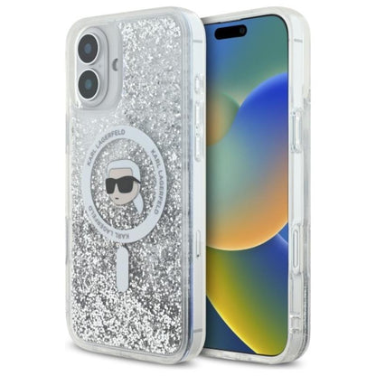 Karl Lagerfeld Liquid Glitter Karl Head MagSafe – dėklas, skirtas iPhone 16 Plus (permatomas)
