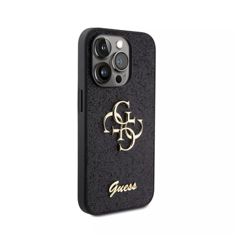 Guess Glitter Script Big 4G - Dėklas iPhone 15 Pro (juodas)