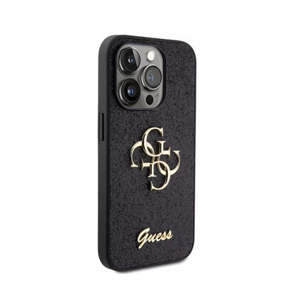 Guess Glitter Script Big 4G - Dėklas iPhone 15 Pro (juodas)