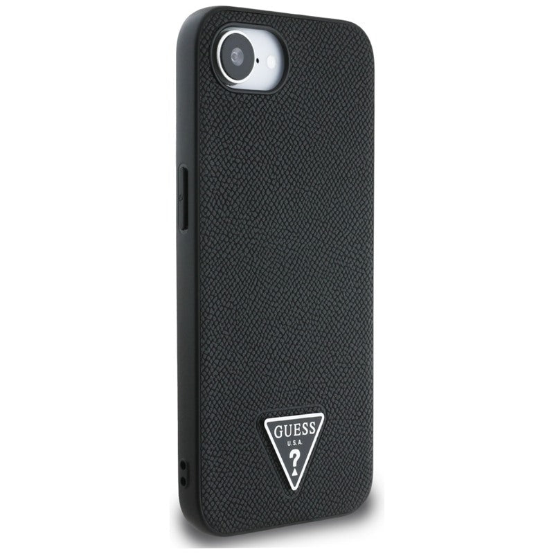 Guess Grained Triangle MagSafe - dėklas, skirtas iPhone 16e (juoda)