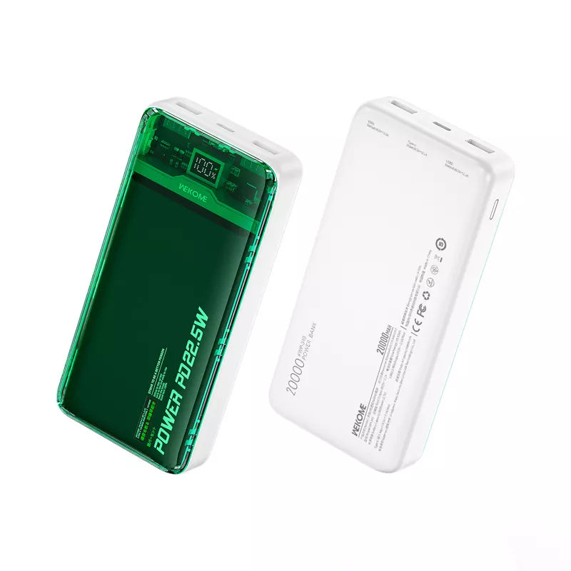 WEKOME WP-351 Vanguard serija – 20000 mAh PD 20W + QC 22.5W maitinimo blokas (žalias / permatomas)