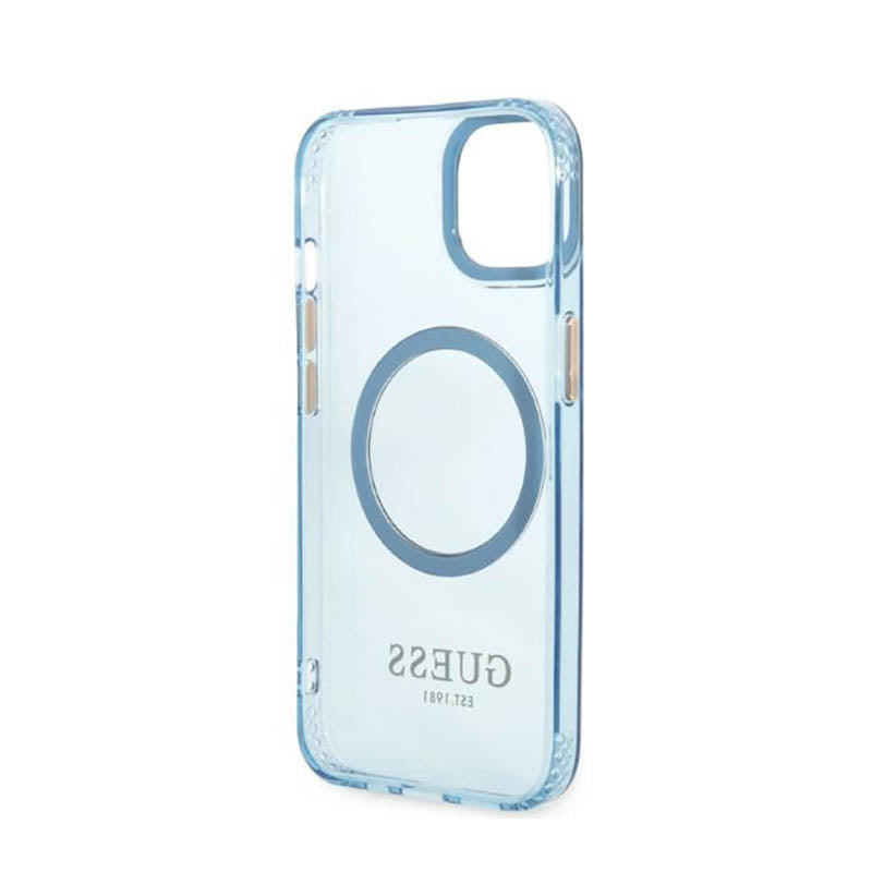 Guess Gold Outline permatomas MagSafe – dėklas iPhone 13 (mėlyna)