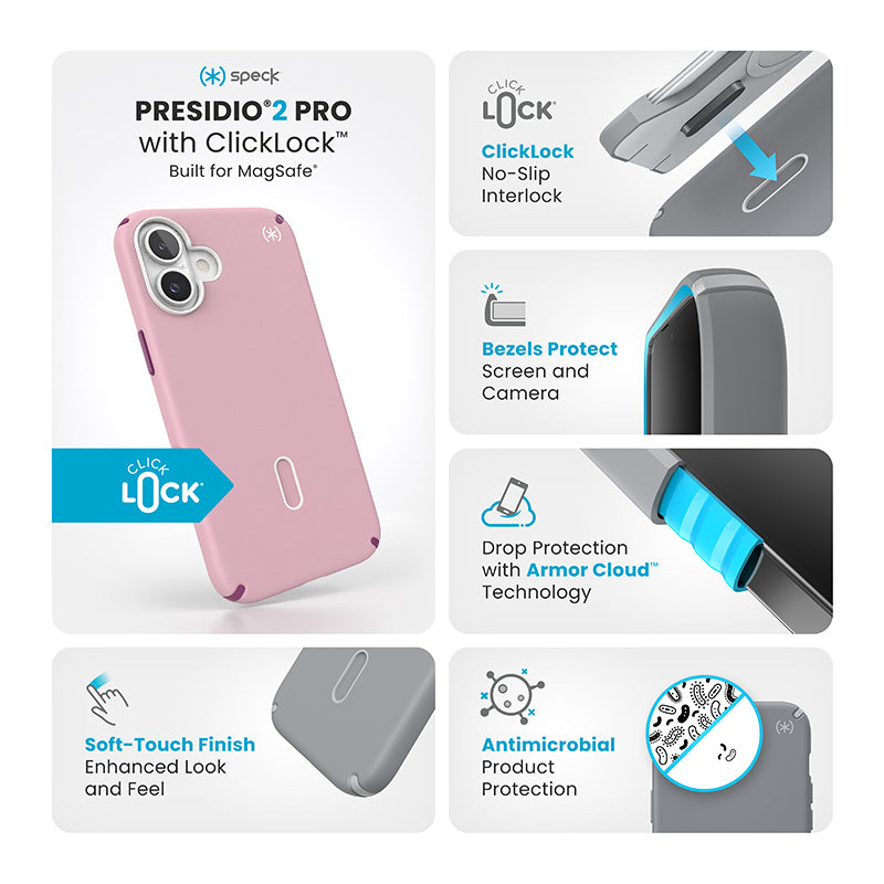 Speck Presidio2 Pro ClickLock & MagSafe – Dėklas skirtas iPhone 16 Plus (Trečiadienio rožinė / Gervuogių purpurinė / Balta)
