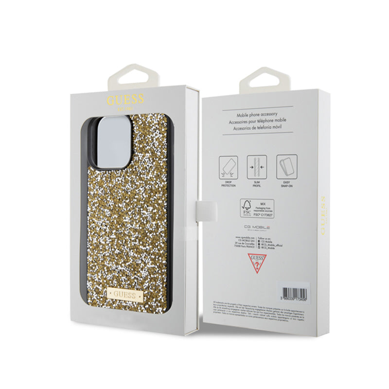 Guess Rhinestone Metal Logo – dėklas iPhone 15 Pro Max (geltonas)