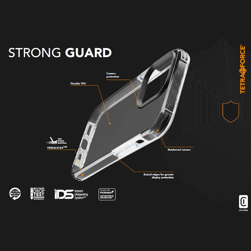 Cellularline Tetra Force Strong Guard – „iPhone 15 Pro“ dėklas su „MICROBAN“ danga (permatomas)