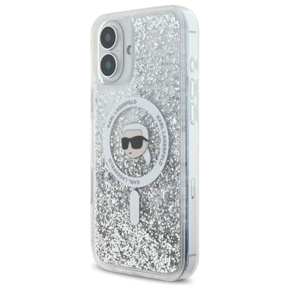 Karl Lagerfeld Liquid Glitter Karl Head MagSafe – dėklas, skirtas iPhone 16 Plus (permatomas)