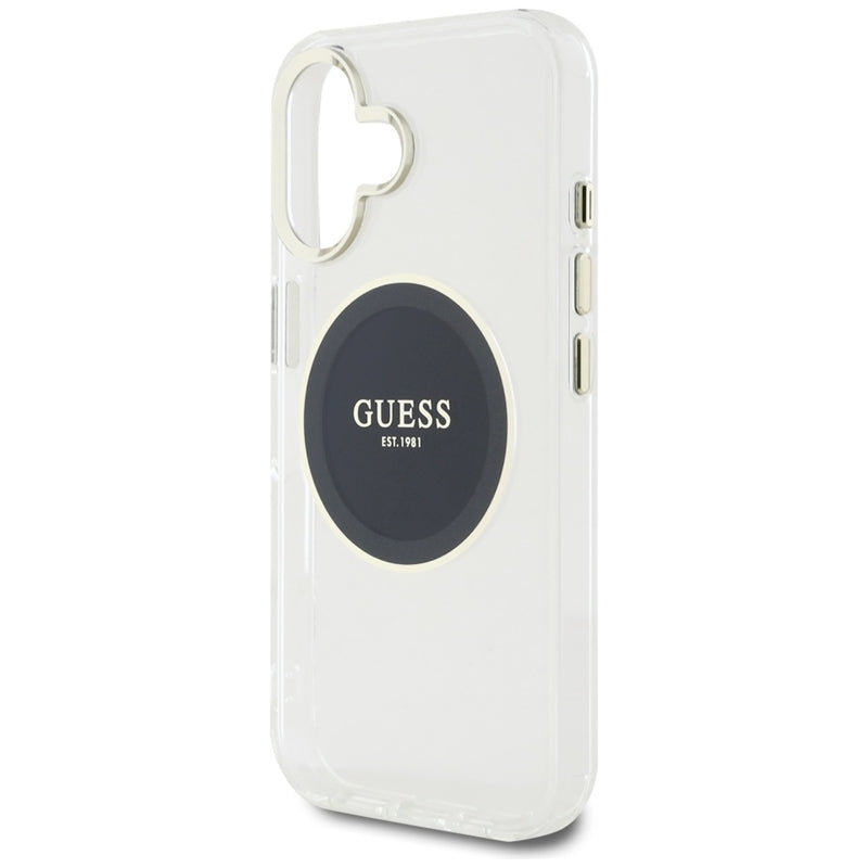 Guess IML Metal Colored Circle Classic Logo MagSafe – dėklas, skirtas „iPhone 16“ (juodas)