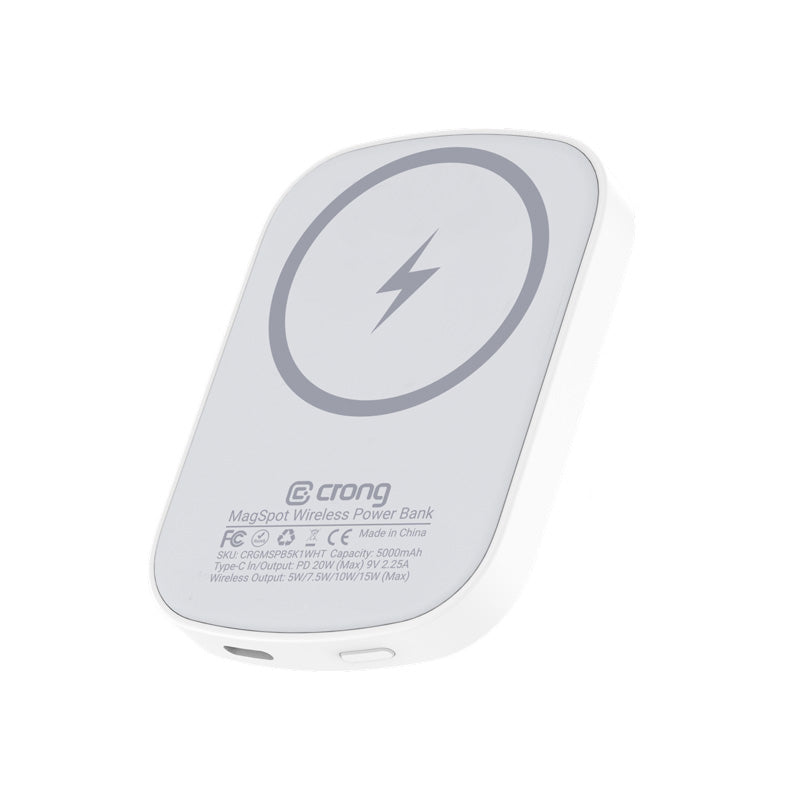 "Crong MagSpot Power Bank" - belaidis itin plonas maitinimo bankas su "MagSafe" 5000 mAh, USB-C 20 W PD (baltas)
