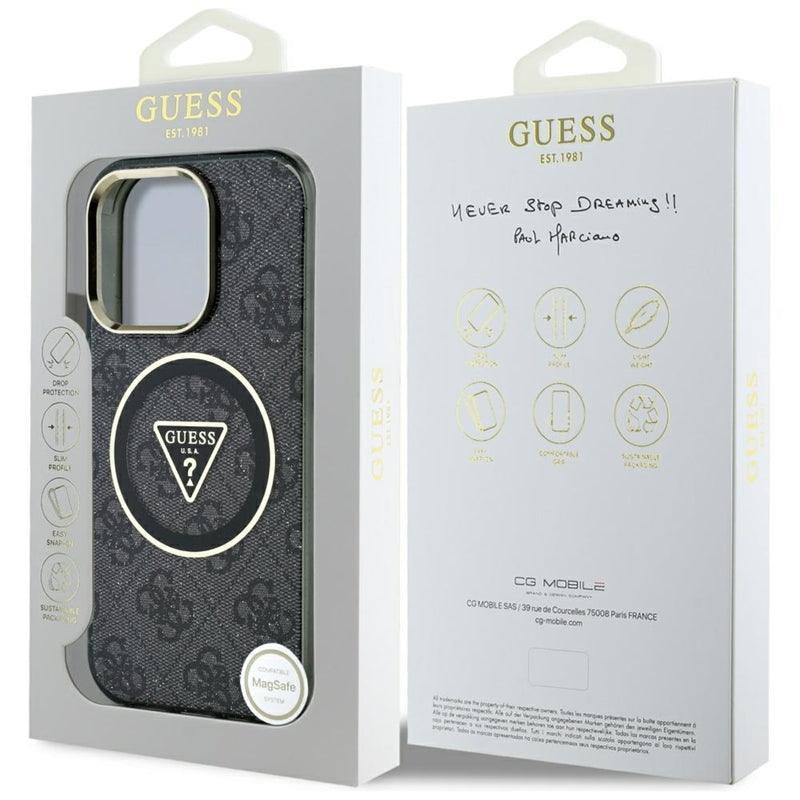 Guess IML Metal Glitter 4G apskritimas trikampis MagSafe – dėklas skirtas iPhone 16 Pro (juodas)