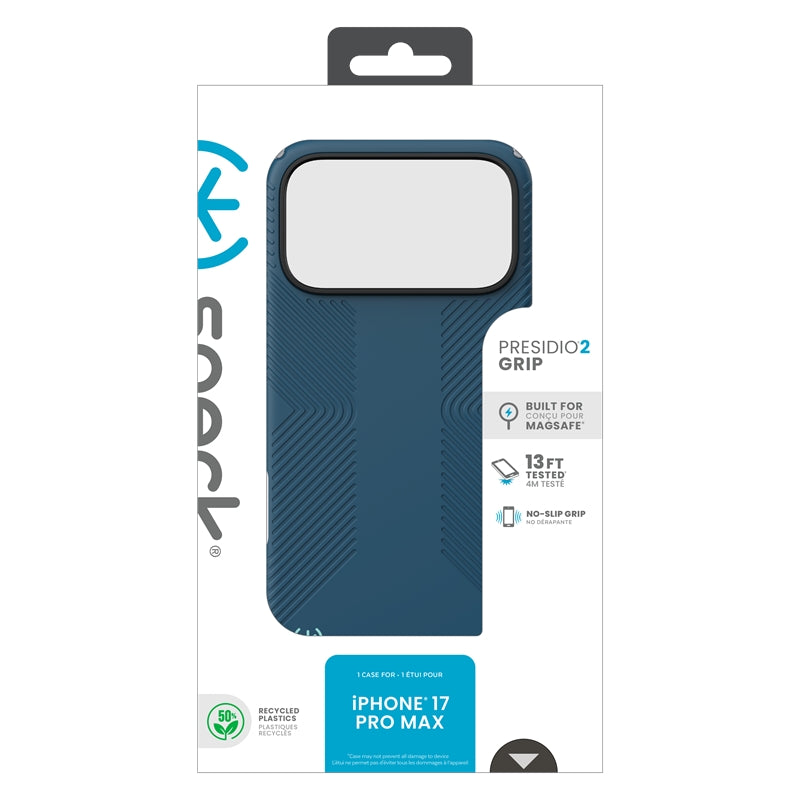 Speck Presidio2 Grip MagSafe - dėklas iPhone 17 Pro Max (Deep Sea/Silver Metallic)