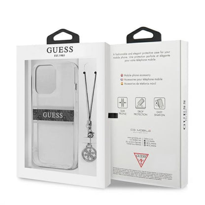 Guess 4G Stripe Grey Charm – dėklas iPhone 13 Pro (skaidrus)