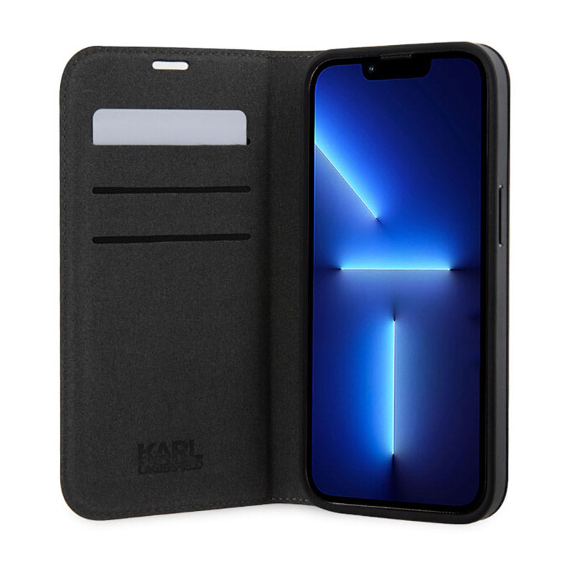 Karl Lagerfeld Booktype Saffiano Monogram – Dėklas, skirtas iPhone 14 Pro Max (juodas)