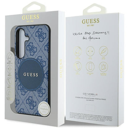 Guess 4G Round Patch Classic Logo MagSafe – dėklas, skirtas „Samsung Galaxy S25“ (mėlynas)