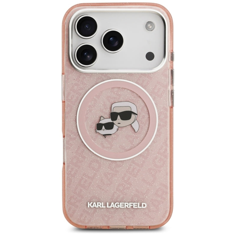 Karl Lagerfeld IML blizgučiai su Karl & Choupette galvų logotipu, MagSafe dėklas iPhone 17 Pro (rožinis)