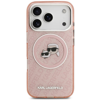 Karl Lagerfeld IML blizgučiai su Karl & Choupette galvų logotipu, MagSafe dėklas iPhone 17 Pro (rožinis)