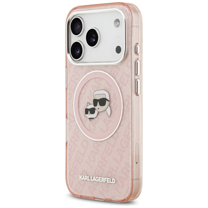 Karl Lagerfeld IML blizgučiai su Karl & Choupette galvų logotipu, MagSafe dėklas iPhone 17 Pro (rožinis)