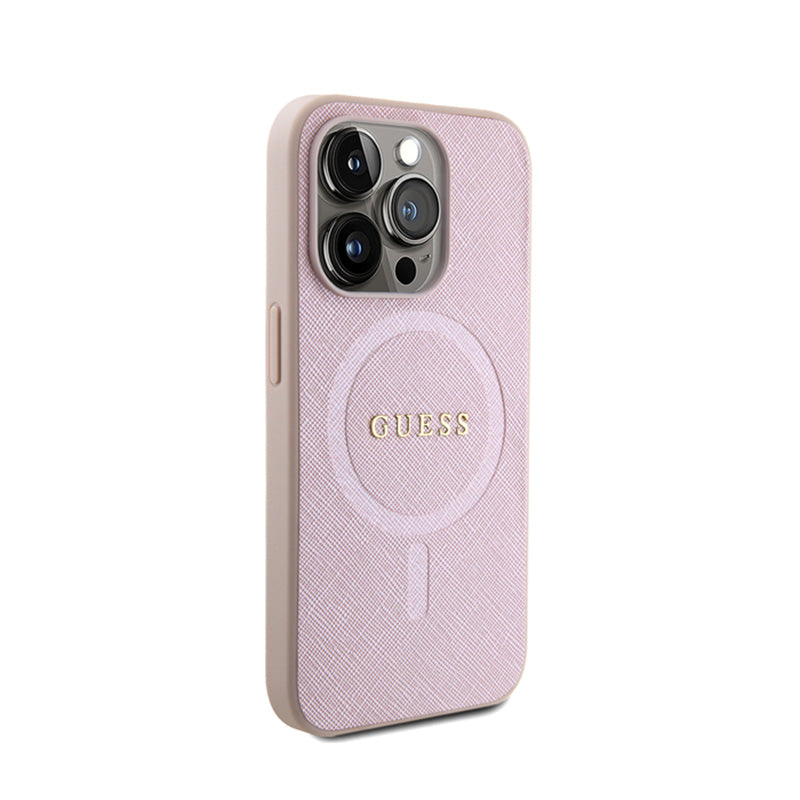 Guess Saffiano MagSafe – dėklas, skirtas „iPhone 15 Pro“ (rožinis)