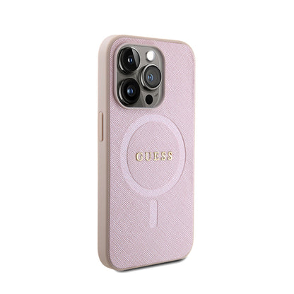 Guess Saffiano MagSafe – dėklas, skirtas „iPhone 15 Pro“ (rožinis)