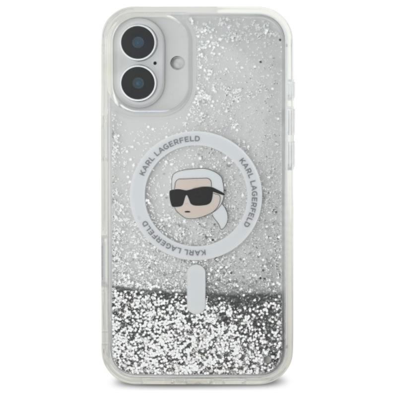 Karl Lagerfeld Liquid Glitter Karl Head MagSafe – dėklas, skirtas iPhone 16 Plus (permatomas)