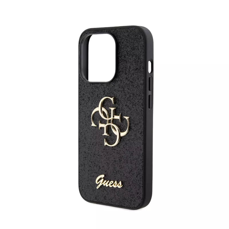 Guess Glitter Script Big 4G - Dėklas iPhone 15 Pro (juodas)