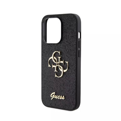Guess Glitter Script Big 4G - Dėklas iPhone 15 Pro (juodas)
