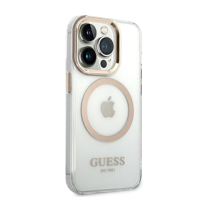 Guess Metal Outline MagSafe – dėklas, skirtas iPhone 14 Pro (permatomas)