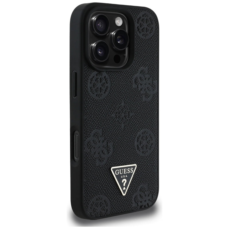 Guess Grained Hot Stamp Peony Triangle Logo MagSafe - dėklas skirtas iPhone 16 Pro (juodas)