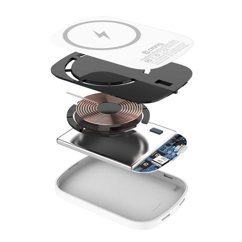 "Crong MagSpot Power Bank" - belaidis itin plonas maitinimo bankas su "MagSafe" 5000 mAh, USB-C 20 W PD (baltas)