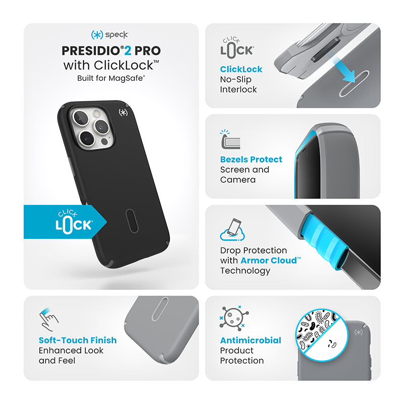 Speck Presidio2 Pro ClickLock & MagSafe - iPhone 16 Pro dėklas (Juoda / Skalūninė pilka / Balta)
