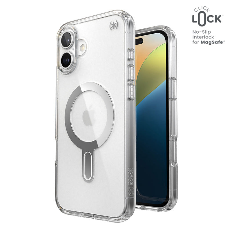 Speck Presidio Perfect-Clear ClickLock & MagSafe – dėklas iPhone 16 Plus (skaidrus / chromo apdaila / Serene Silver)