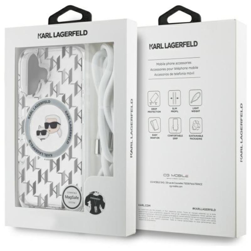 Karl Lagerfeld IML Crossbody Monogram Karl & Choupette Head MagSafe – dėklas, skirtas „iPhone 16“ (skaidrus)