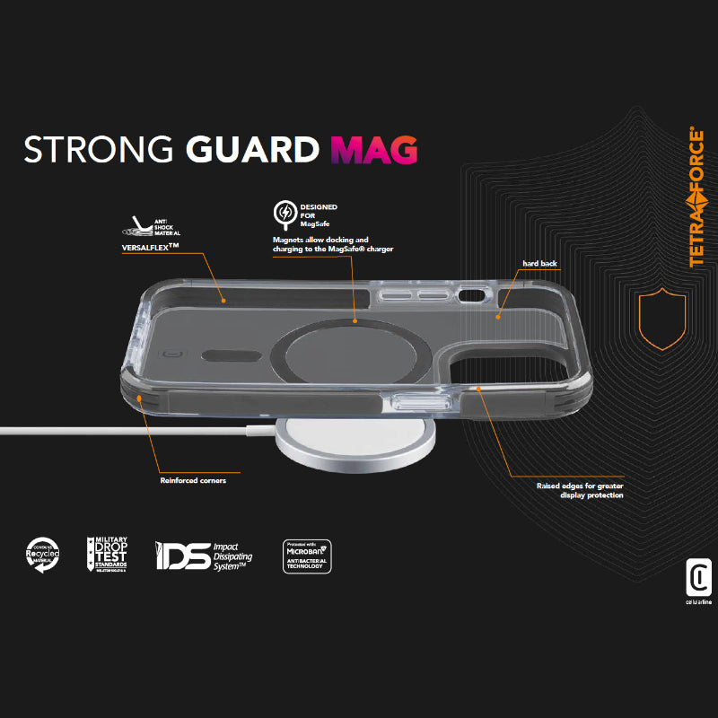 Cellularline Tetra Force Strong Guard Mag – iPhone 15 Pro MagSafe dėklas su MICROBAN danga (skaidrus)