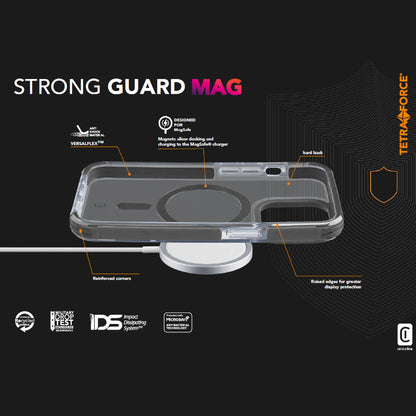Cellularline Tetra Force Strong Guard Mag – iPhone 15 Pro MagSafe dėklas su MICROBAN danga (skaidrus)