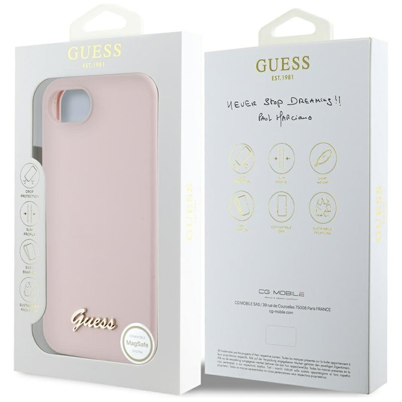 Guess Silicone Script Metal Logo MagSafe – dėklas skirtas iPhone 16e (rožinis)