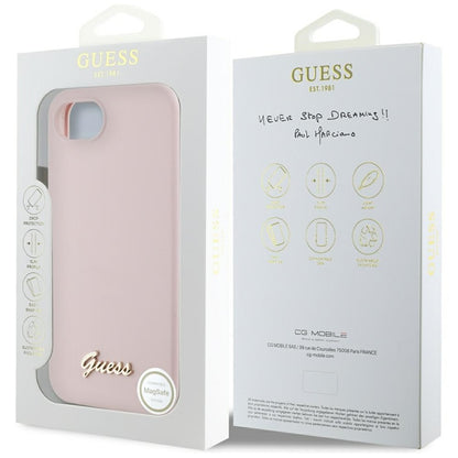 Guess Silicone Script Metal Logo MagSafe – dėklas skirtas iPhone 16e (rožinis)