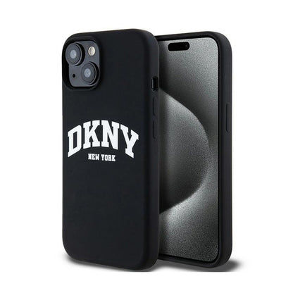 DKNY Liquid Silicone baltas atspausdintas logotipas MagSafe - dėklas skirtas iPhone 14 / 15 / 13 (juodas)