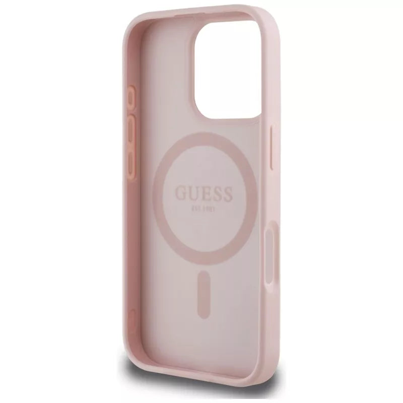 Guess Grūdėtas spausdinto gėlių rašto MagSafe - dėklas iPhone 16 Pro Max (rožinis)