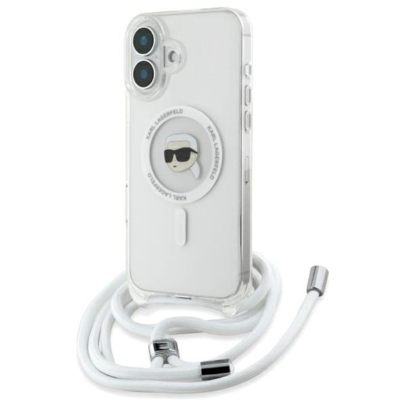 Karl Lagerfeld Dėklas per petį IML Karlio galvos MagSafe – skirtas iPhone 16 (skaidrus)