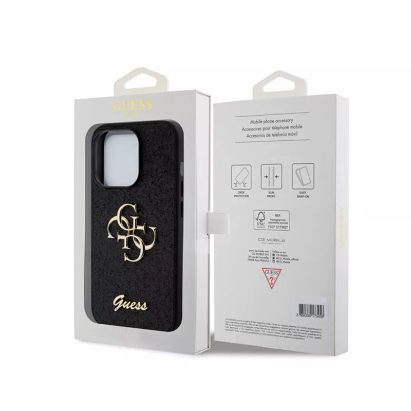 Guess Glitter Script Big 4G - Dėklas iPhone 15 Pro (juodas)