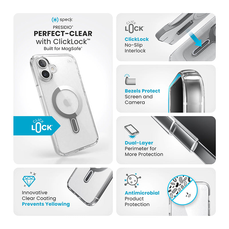 Speck Presidio Perfect-Clear ClickLock & MagSafe – dėklas iPhone 16 Plus (skaidrus / chromo apdaila / Serene Silver)