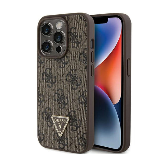 Guess Leather 4G Triangle Strass - dėklas iPhone 15 Pro (rudos spalvos)