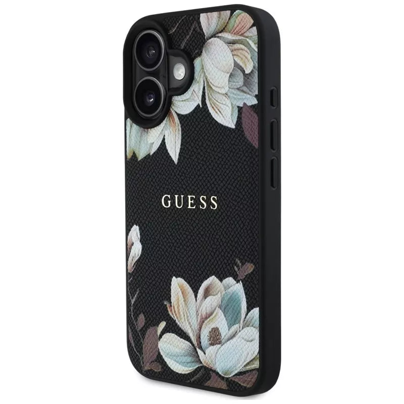 Guess Grained Printed Flower Pattern MagSafe - dėklas iPhone 16 (juodas)