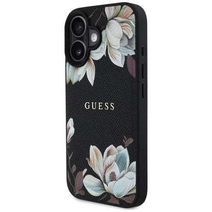 Guess Grained Printed Flower Pattern MagSafe - dėklas iPhone 16 (juodas)