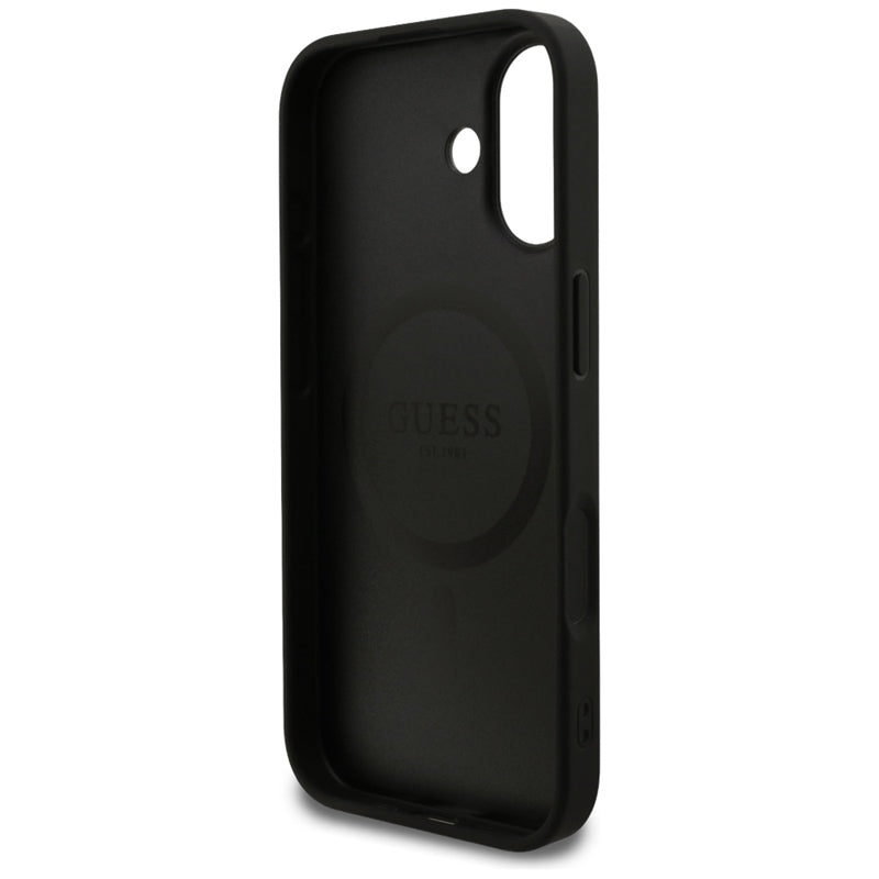 Guess Grained Ring MagSafe dėklas iPhone 17 (juodas)